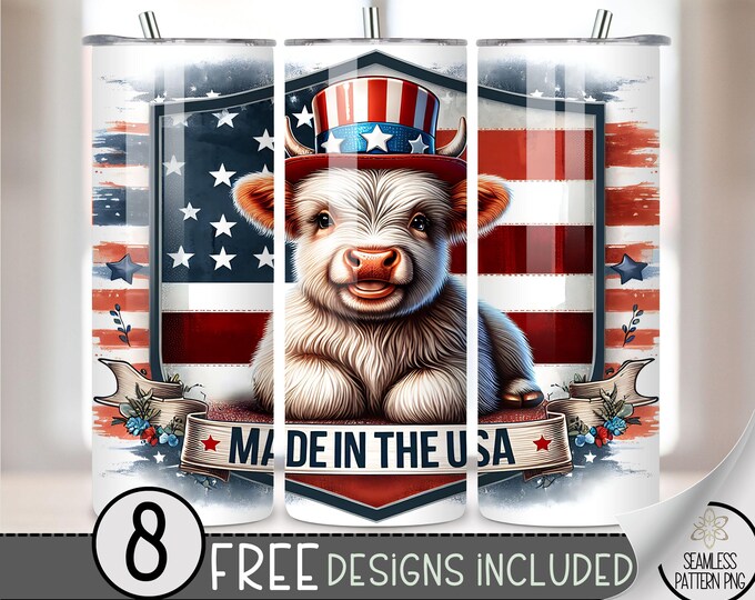 Cute 4th of July Highland Cow PNG 20 oz Straight Tumbler Wrap Sublimation, Patriotic Skinny Tumbler Design Files, American Cow Digital USA