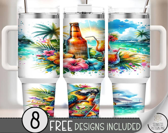 Beach Cruise 40oz Tumbler Wrap, Vibrant 40 oz Sublimation Design, Island Vacation PNG, Cocktails and Palms, Digital Download for DIY A608