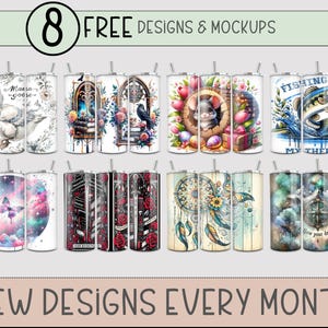 May include: Eight different designs for sublimation tumblers. The designs include a goose, a window with books, a raven, a dream catcher, a compass, a galaxy, a floral design, and a fishing scene. The text "Fishing is my therapy" is included in the fishing scene design.