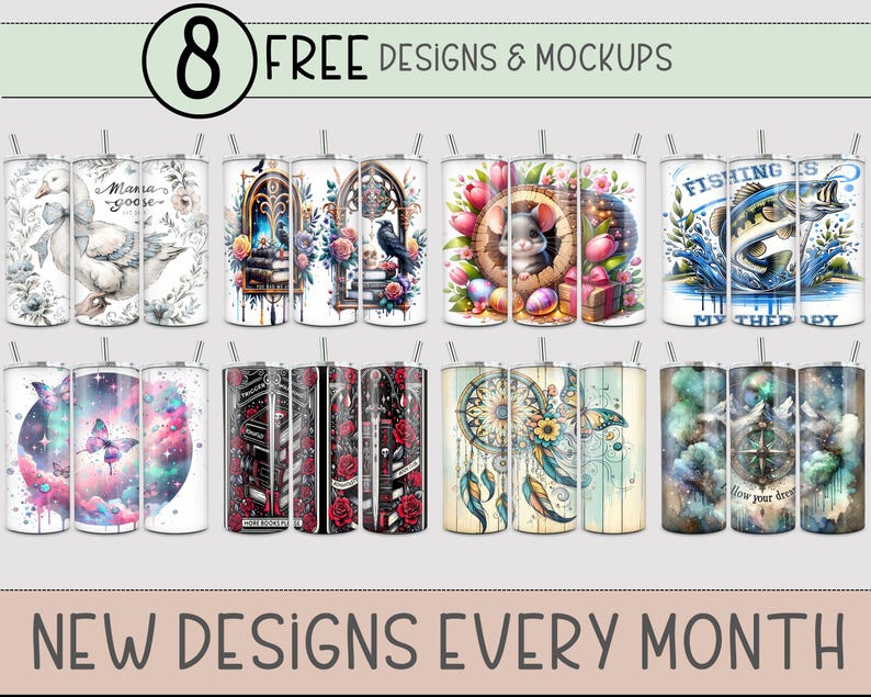 May include: Eight different designs for sublimation tumblers. The designs include a goose, a window with books, a raven, a dream catcher, a compass, a galaxy, a floral design, and a fishing scene. The text "Fishing is my therapy" is included in the fishing scene design.