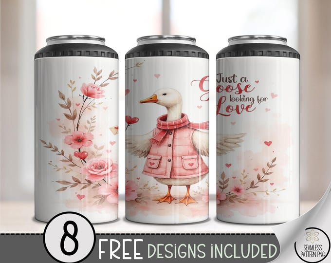 Love Goose Png 4-In-1 Can Cooler Wrap, Cute Pink Watercolor Goose Sublimation Design For Valentine’s Day, B729