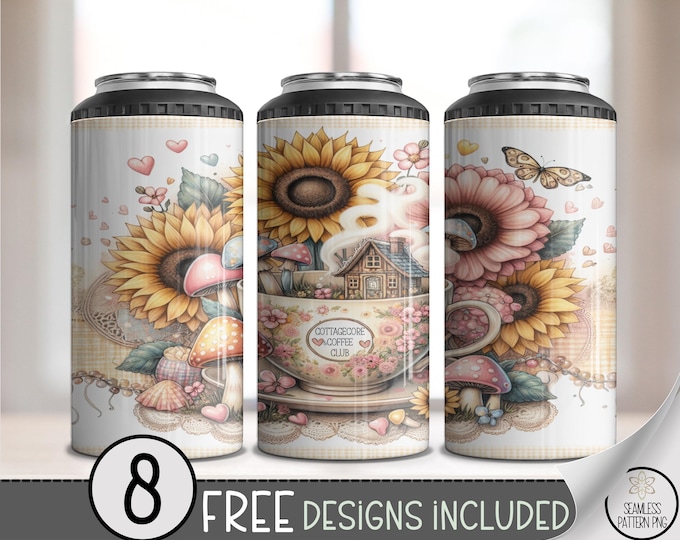 Vintage Floral 4in1 Can Cooler Wraps, Rustic Sunflower and Butterfly Design, Cottagecore Coffee Club Sublimation Design File, A454