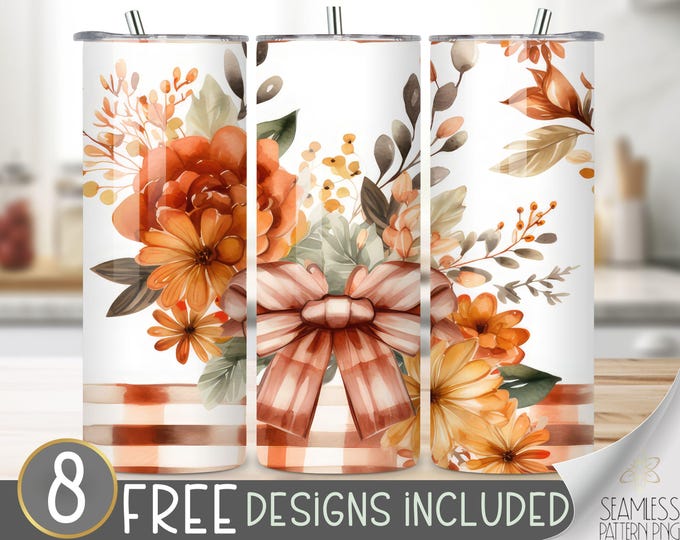 Autumn Floral Tumbler Wrap, Fall Dahlia Seamless Design, Autumn Flower Sublimation Tumbler Design PNG, Chrysanthemum 20 OZ Skinny Wrap PNG