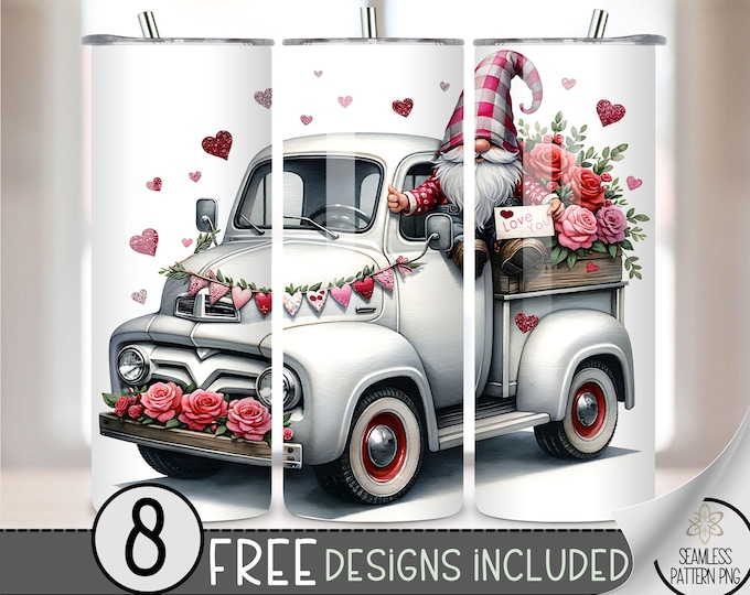 Valentines Day Gnome Pickup Truck Tumbler Wrap Png, Vday 20oz Skinny Tumbler Sublimation Design, Love Tumbler Wrap File PNG, Heart Vintage