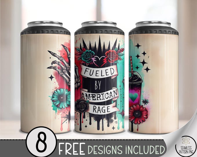 Fueled by American Rage 4-in-1 Can Cooler Wrap PNG, Goth Skeleton Patriotic Coffee Design, Punk USA Floral Sublimation PNG, A316