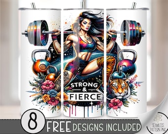 Fitness Tumbler Wrap Design, Exercise PNG File, Strong & Fierce Fitness Fashion Girl 20Oz Tumbler Wrap,20Oz Gym Motivational Sublimation A63