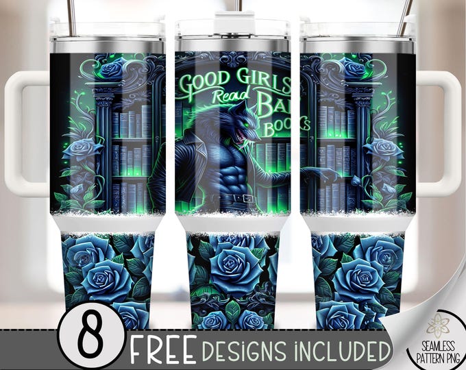 Book Lover 40oz Tumbler Wrap, Smut Book Tumbler Sublimation Design, Adult 40oz Quencher Tumbler Wrap PNG, Floral Werewolf Bookshelf Wrap A1