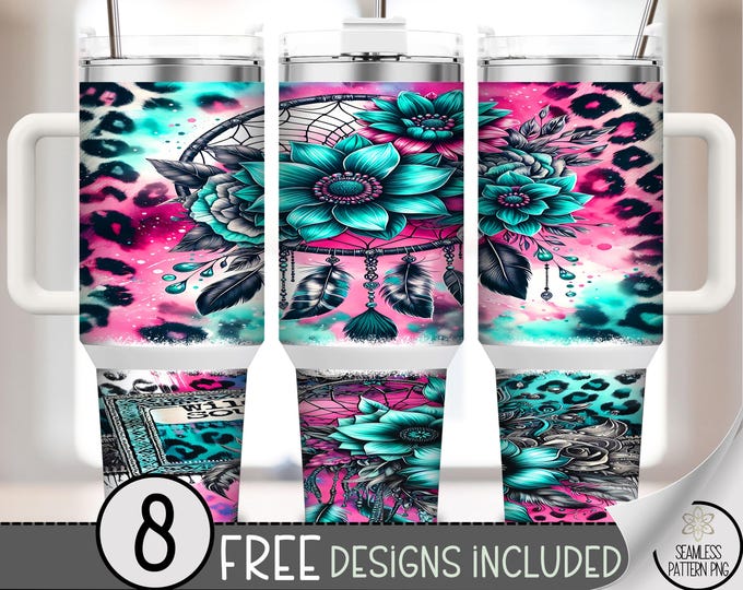 Pink Teal Leopard Dreamcatcher 40 oz Tumbler Wrap PNG – Boho Floral Sublimation Design with Feathers and Bold Cheetah Print, A406