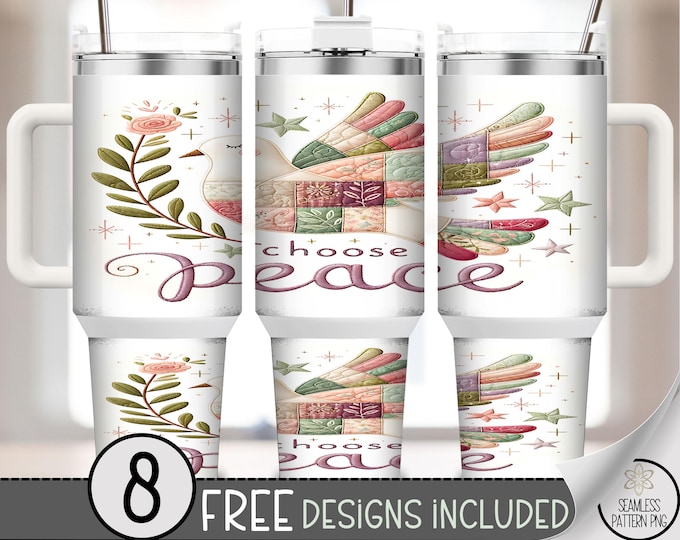 Patchwork Dove 40 oz tumbler wrap, Faux Quilted Bird Sublimation Design, Neutral PNG Files, Choose Peace 40oz Tumbler Design, A660