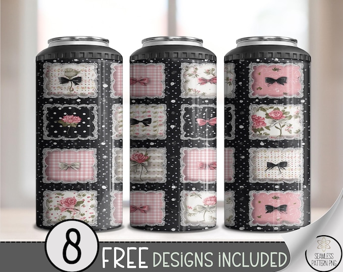 Faux Patchwork 4in1 Can Cooler Wrap, Coquette Bow Sublimation Design, Shabby Chic 16 oz 4-in-1 File 4In1 Can Cooler Png B10018