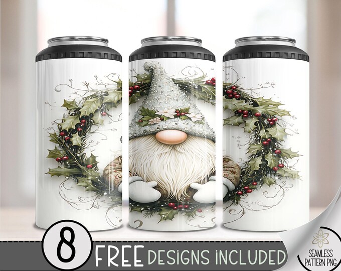 Christmas Gnome 4in1 Can Cooler Wrap, Winter Sublimation Design, Xmas 16 Oz Slim, Cute Gnome 4 in 1 Tumbler PNG, Wreath 16 Oz Can Cooler