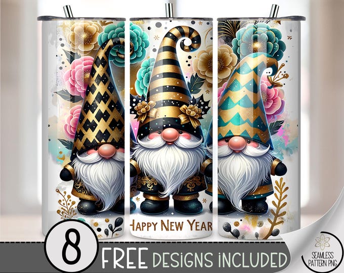 New Year Gnome 20 oz Tumbler Wrap PNG, Festive Cute NYE, Digital Download Sublimation Design, A703