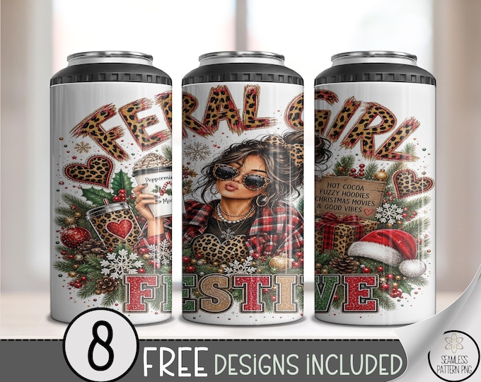 Christmas Feral Girl 4in1 Can Cooler Wrap, Leopard Plaid Sublimation Design, Digital Download, B10537
