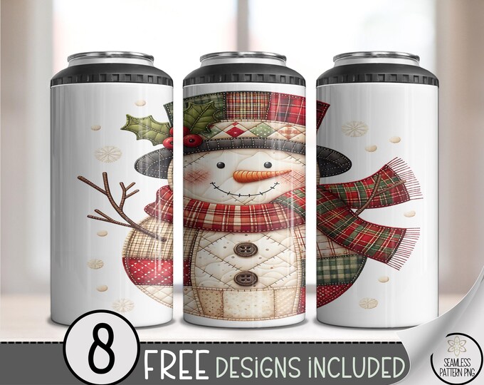 Patchwork Snowman 4in1 Can Cooler Wrap, Faux Quilt Sublimation Design, Snowman with Plaid for 16 oz 4-in-1 File, A713