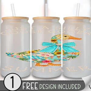 May include: Three frosted glass tumblers with bamboo lids and straws. Each tumbler features a whimsical duck design with a blue bow and the text "JUST A SILLY GOOSE GOING SUMMER". The design includes a "FREE DESIGN INCLUDED" graphic.
