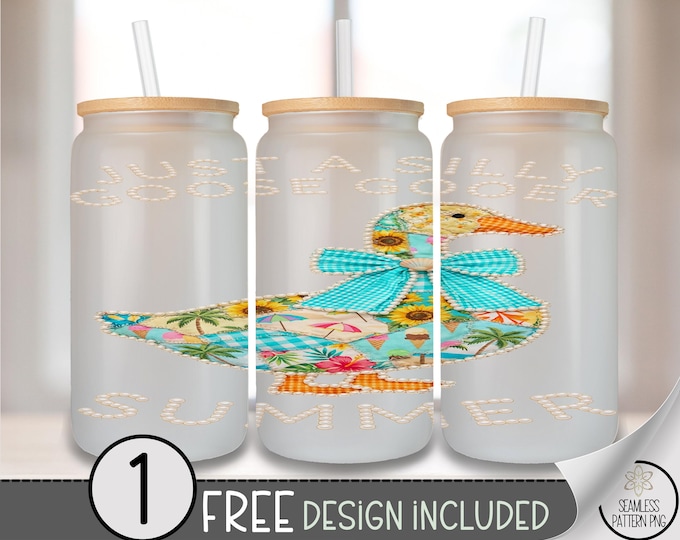 Patchwork Duck Glass Can Wrap, Pearl Duck 16 oz Glass Tumbler Sublimation Design, Summer PNG File, Digital Download, B10253