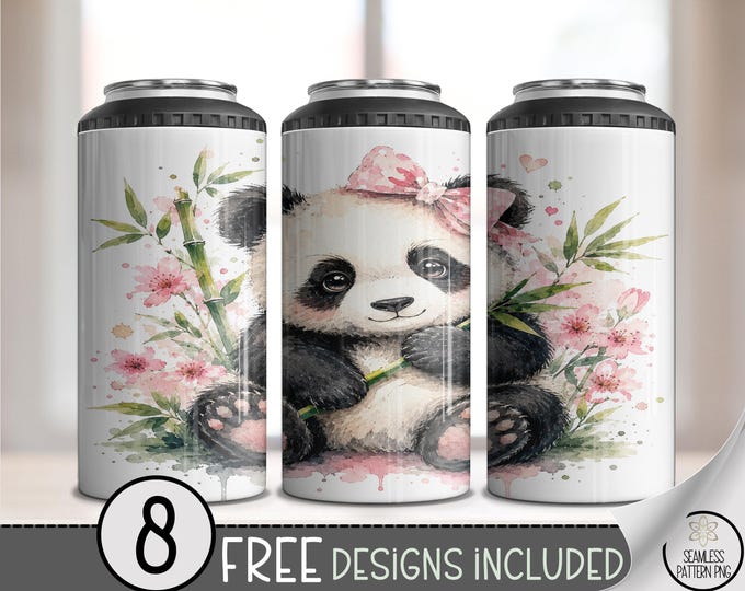 Baby Panda 4in1 Can Cooler Wrap, Pink Bow Sublimation Design, Cute Nursery, Digital Download, B10494