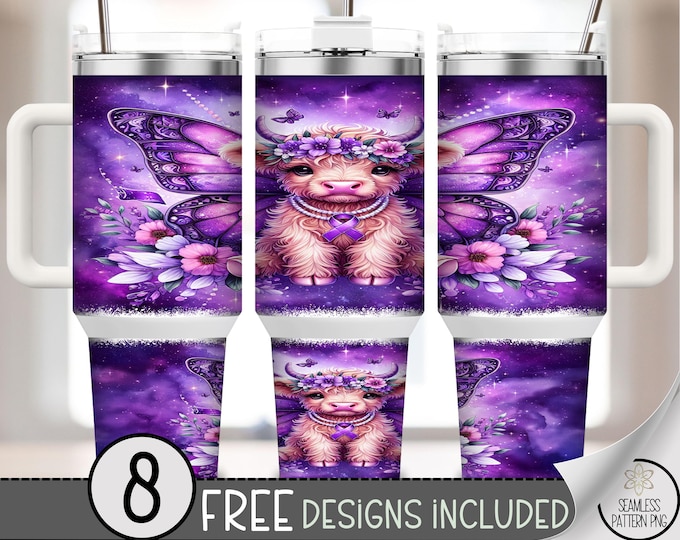 40oz Tumbler Wrap Fairy Highland Cow PNG, Purple Butterfly Cow Design, Cute Cow Sublimation Wrap, Boho Cow PNG Download, A359