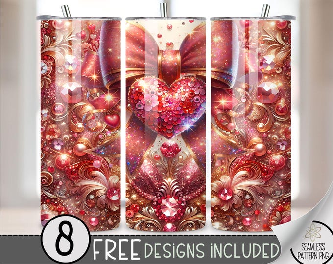 Glitter Heart Tumbler Wrap, Valentine 20oz Skinny Tumbler Sublimation Design, Seamless Vday Tumbler Wrap File Sequin Digital Download PNG