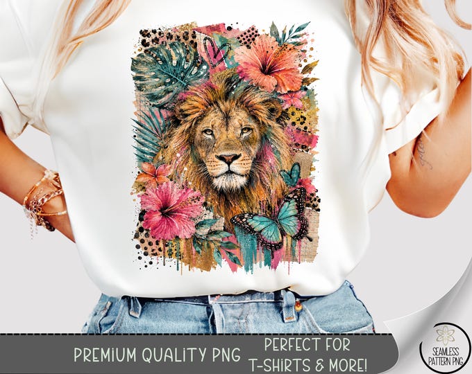 Lion Tropical Boho T-shirt PNG, Vibrant Sublimation Design (Digital Download) B10488
