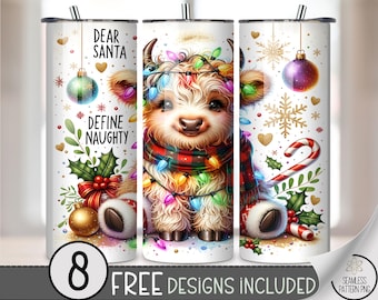 Festive 20 oz tumbler wrap: Highland Cow Christmas Digital Download Sublimation Design for Skinny Tumblers, Playful PNG Files A507