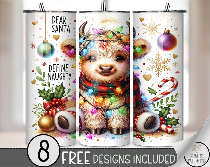 Festive 20 oz tumbler wrap: Highland Cow Christmas Digital Download Sublimation Design for Skinny Tumblers, Playful PNG Files A507