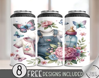 Cute Baby Clothes 4in1 Can Cooler Wrap, Floral Butterfly 4 in 1 Tumbler Png, Baby Bottle Hard Can Cooler PNG,Baby Shower Can Cooler PNG, A83