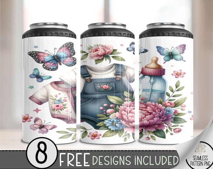 Cute Baby Clothes 4in1 Can Cooler Wrap, Floral Butterfly 4 in 1 Tumbler Png, Baby Bottle Hard Can Cooler PNG,Baby Shower Can Cooler PNG, A83
