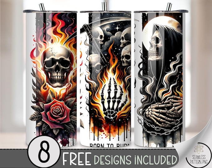 Gothic Skull and Flames Tumbler Wrap, Printable 20oz Wrap, Spooky Skull PNG, Fire and Floral Design, Grunge Style, Instant Download A425