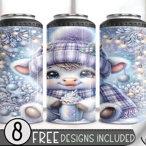 Seamless Highland Cow 4 in 1 Can Cooler Wrap, Winter Can Holder Wrap, Christmas  16Oz Can Cooler, Pastel Holiday 4In1 Cooler Tumbler PNG