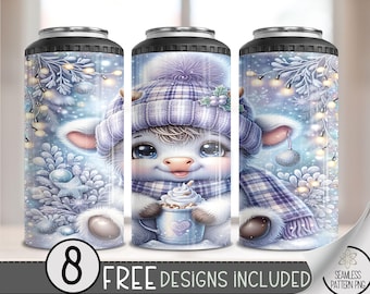 Seamless Highland Cow 4 in 1 Can Cooler Wrap, Winter Can Holder Wrap, Christmas  16Oz Can Cooler, Pastel Holiday 4In1 Cooler Tumbler PNG