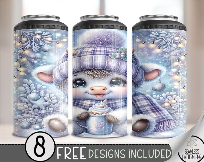 Seamless Highland Cow 4 in 1 Can Cooler Wrap, Winter Can Holder Wrap, Christmas  16Oz Can Cooler, Pastel Holiday 4In1 Cooler Tumbler PNG