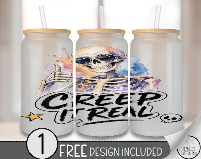 Halloween Skeleton Glass Can Wrap, Creep It Real 16oz Tumbler Sublimation Design PNG, Digital Download, B10473