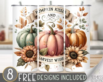 Pumpkin Kisses Harvest Wishes Sublimation Tumbler Wrap, Fall Thanksgiving Skinny Tumbler Wrap, Autumn Floral 20oz Tumbler Wrap,Sunflower PNG
