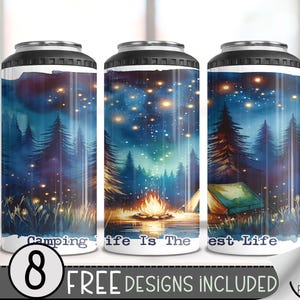 Camping 4 in 1 Can Cooler Wrap, Campfire 4in1 Tumbler PNG, Forest & Stars 16 Oz Can Cooler Sublimation Design For Nature Lovers, A103