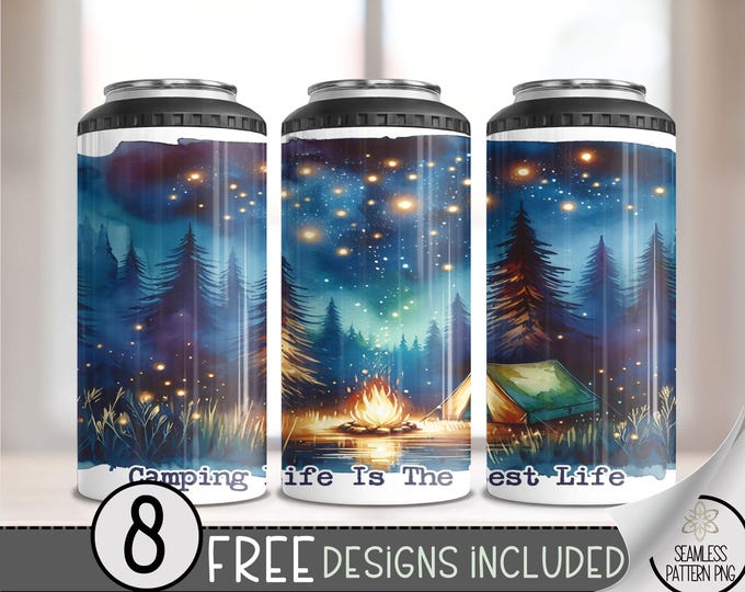 Camping 4 in 1 Can Cooler Wrap, Campfire 4in1 Tumbler PNG, Forest & Stars 16 Oz Can Cooler Sublimation Design For Nature Lovers, A103