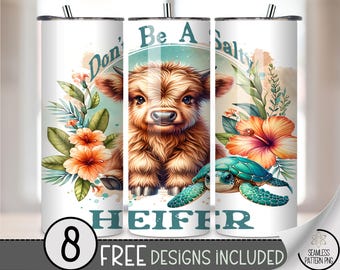 Salty Heifer Highland Cow Tumbler Wrap PNG, Funny 20 oz Tropical Sublimation Design, Turtle Beach Cow Wrap for 20oz Sublimation Tumbler A274
