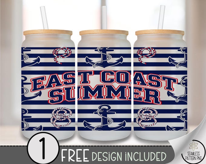 East Coast Summer Glass Can Wrap, Nautical 16oz Glass Tumbler Sublimation Design, Retro PNG File, Digital Download, B10215