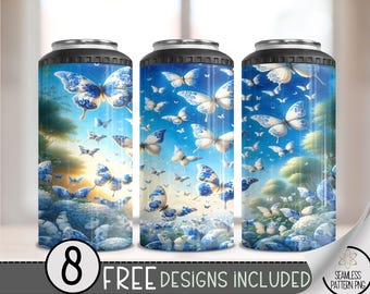 Blue Floral Butterfly 4in1 Can Cooler Wrap, Grand Millennial 4 in 1 Tumbler PNG,Chinoiserie 16 Oz Can Cooler Sublimation Design,French Toile