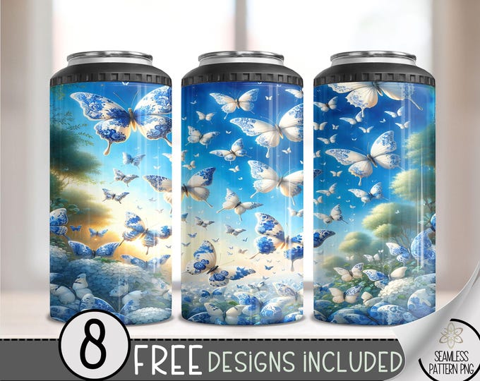 Blue Floral Butterfly 4in1 Can Cooler Wrap, Grand Millennial 4 in 1 Tumbler PNG,Chinoiserie 16 Oz Can Cooler Sublimation Design,French Toile