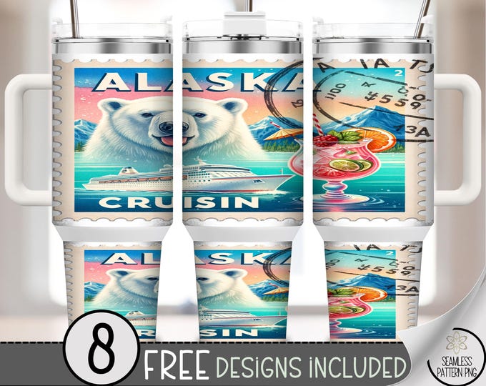Vintage Alaska Cruisin' Polar Bear Tumbler Wrap - Retro Travel Sublimation Design, 40 oz Cup, Digital Download, Commercial Use A480