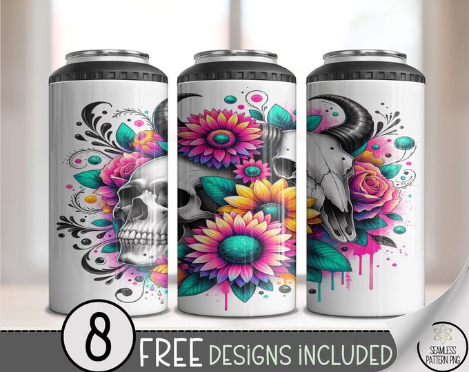 Skull Floral Tumbler Wrap 4-in-1, Neon Tropical Flowers Sublimation PNG, Gothic Summer Design, Edgy Dark Floral Can Cooler Wrap, A407