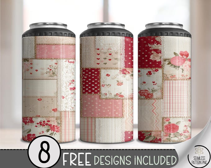Patchwork Quilt 4in1 Can Cooler Wrap, Floral Vintage Sublimation Design, Cottagecore Romantic 16 oz 4-in-1 File Download, B10049