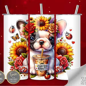 Uroczy francuski buldog owijka na kubek, słonecznikowy 20 oz prosty sublimacyjny owijka na kubek, pliki z kwiatowym wzorem na kubku, motyl owijka na kubek