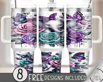 Elephant 40oz Tumbler Wrap, Cute 40 OZ Sublimation Design, Butterfly Safari 40oz Quencher Tumbler File, Floral Jungle Tumbler Wrap, A187