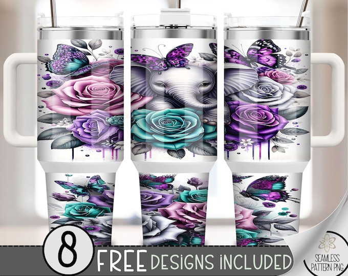 Elephant 40oz Tumbler Wrap, Cute 40 OZ Sublimation Design, Butterfly Safari 40oz Quencher Tumbler File, Floral Jungle Tumbler Wrap, A187