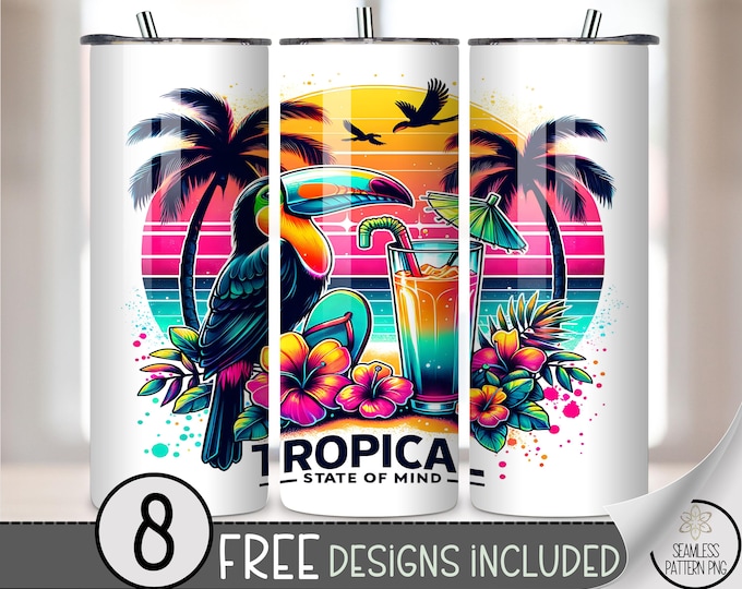 Tropical State of Mind 20 oz Skinny Tumbler Wrap, Retro Sunset Toucan Cocktail Sublimation Design PNG, Neon Beach Cruise 20oz Tumbler, A327