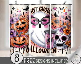 Hot Ghoul Halloween Tumbler Wrap PNG – 20 oz Skinny Sublimation Design with Ghost, Pumpkins, Sugar Skull & Floral Fall Aesthetic, A395