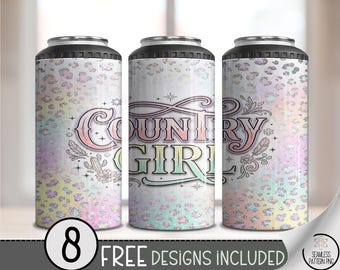 Country Girl 4-in-1 Can Cooler Wrap, Pastel Leopard Sublimation Design, Digital Download, B10471