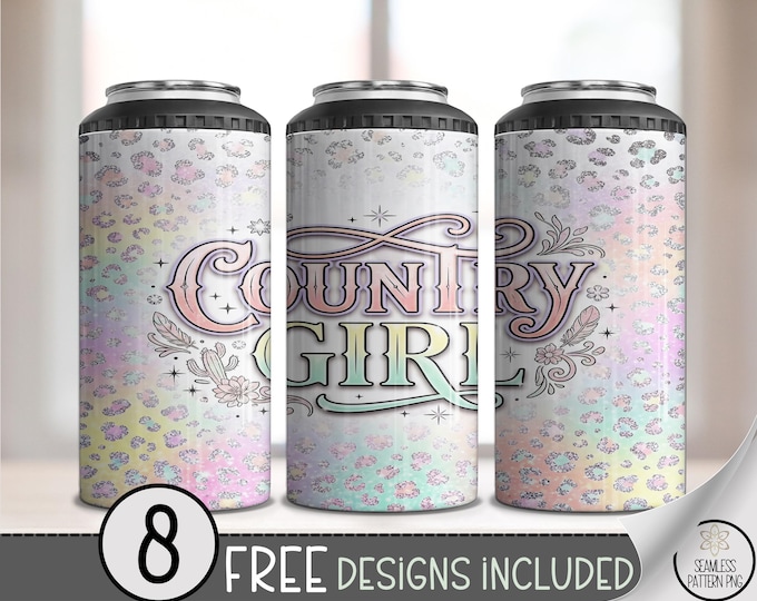 Country Girl 4-in-1 Can Cooler Wrap, Pastel Leopard Sublimation Design, Digital Download, B10471